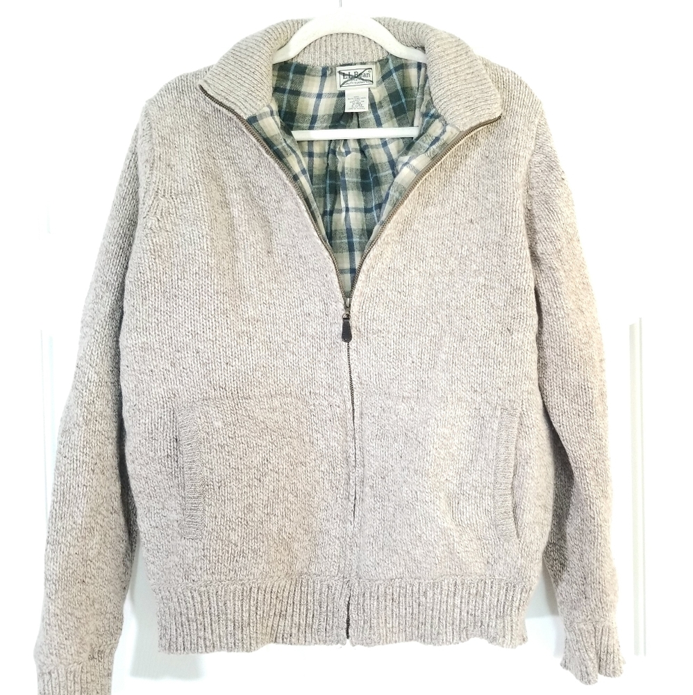 L.L. Bean Men's Light Beige Knit Zip-Up Shirt Jacket with Plaid Lining